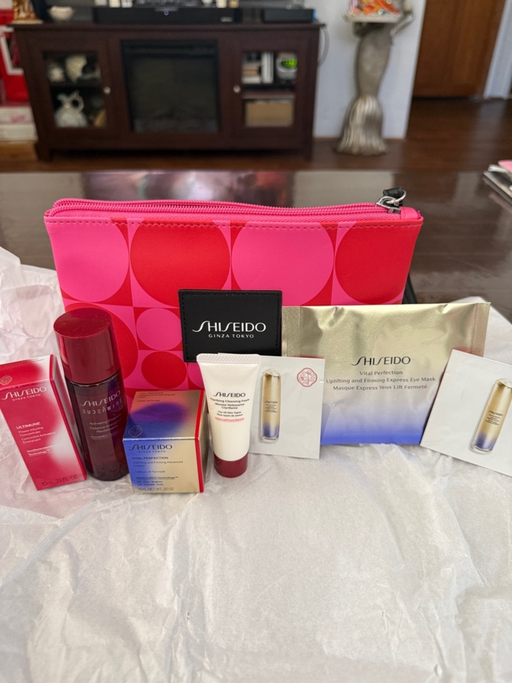 Shiseido Skincare Set with Pink and Red Patterned Pouch new all unopened.